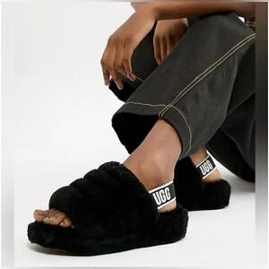 UGG Black Fluffy Slide Sandals